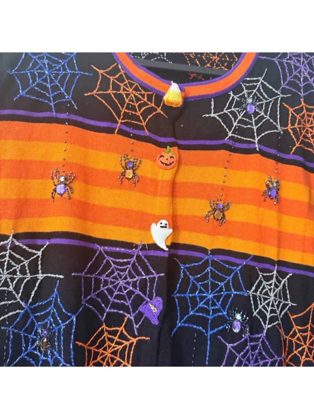 VTG Jack B Quick Halloween Spiders Pumpkin Beaded Embellished Cardigan XLarge - Picture 3 of 7